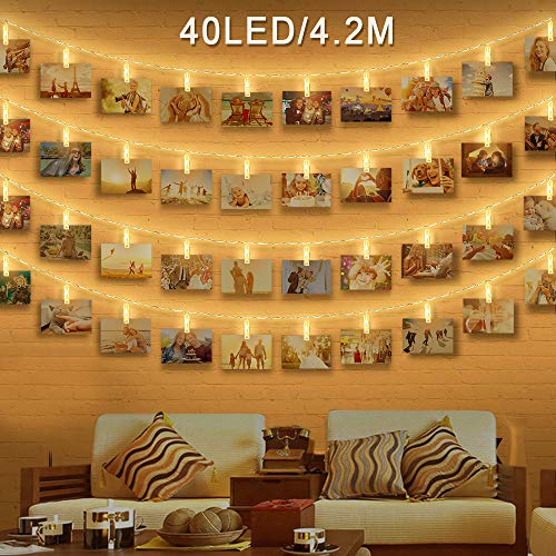 Clip Cadena de Luces LED, otumixx 40 Fotoclips 4,2M Foto Clips Cadena de luces LED Blanco Cálido Batería Adorno Guirnalda Luminosa LED para la ración decorativos colgantes de fotos notas ilustraciones