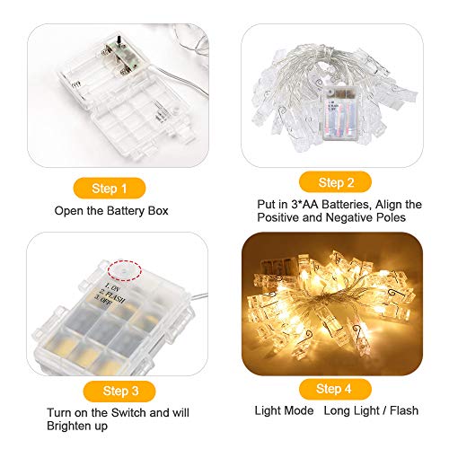 Clip Cadena de Luces LED, otumixx 40 Fotoclips 4,2M Foto Clips Cadena de luces LED Blanco Cálido Batería Adorno Guirnalda Luminosa LED para la ración decorativos colgantes de fotos notas ilustraciones