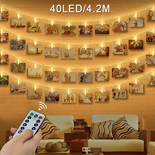 Clip Cadena de Luces LED, otumixx 40 Fotoclips 4,2M Foto Clips Cadena de luces LED, Mando a Distancia, 8 Modos de Luz, Guirnalda Luminosa LED para Decorar Fotos, Postales, Notas, Ilustraciones