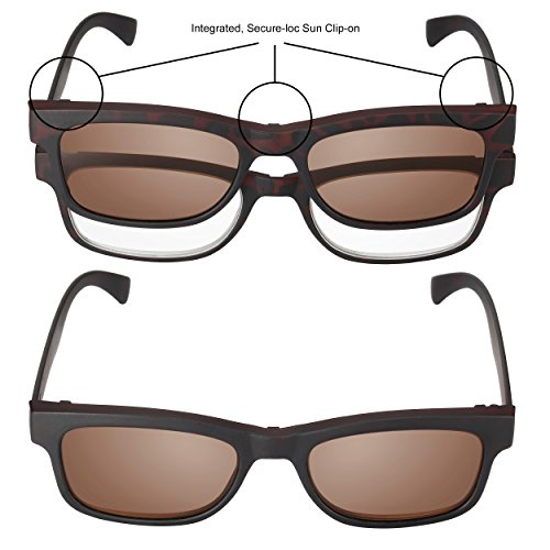 Clip-On READ OPTICS: Gafas de Lectura Presbicia + Lentes de Sol Removibles UV 400. Graduadas +2,00 Dioptrías. Irrompibles y Ligeras de Policarbonato, Estilo Italiano. Hombre/Mujer