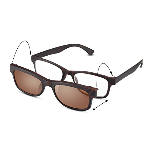 Clip-On READ OPTICS: Gafas de Lectura Presbicia + Lentes de Sol Removibles UV 400. Graduadas +2,00 Dioptrías. Irrompibles y Ligeras de Policarbonato, Estilo Italiano. Hombre/Mujer