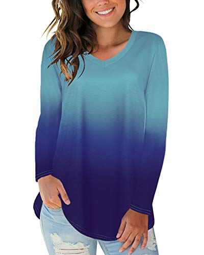 CNFIO Camiseta Mujer Manga Larga Cuello Redondo Blusas para Mujer Suelta Gradiente Efecto TeñidoTops Mujer Fiesta (Azul, XL)