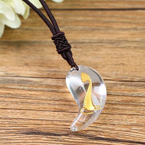 COAI® Colgante Ajustable Unisex Tótem de Gato Grabado Magatama Japonesa Piedra Natural Cuarzo Claro