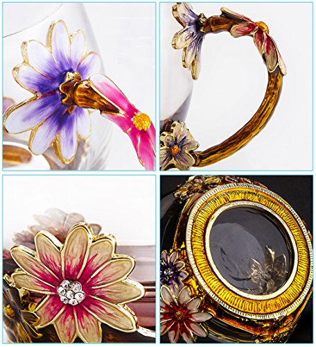 COAWG Taza Grande de Vidrio Esmaltado, Crisantemo Cristales de Cristal Claro Tazas de Té y Café con Mango de Flores Regalo para Profesor Amigo Cumpleaños Navidad San Valentín 350 ml - 1Pc