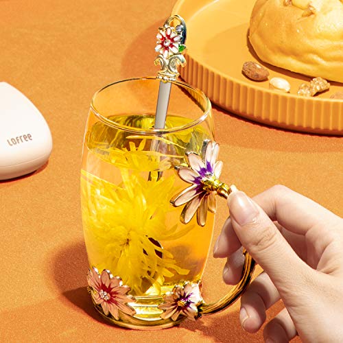 COAWG Taza Grande de Vidrio Esmaltado, Crisantemo Cristales de Cristal Claro Tazas de Té y Café con Mango de Flores Regalo para Profesor Amigo Cumpleaños Navidad San Valentín 350 ml - 1Pc