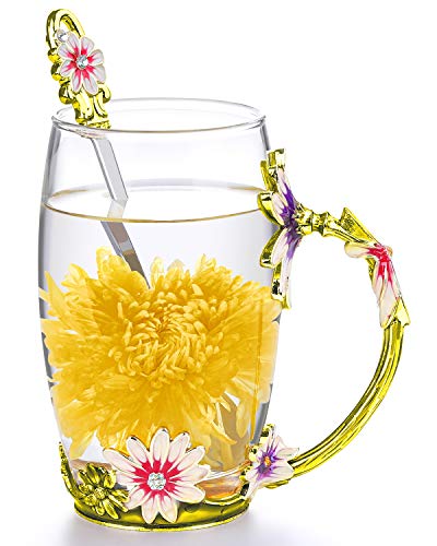 COAWG Taza Grande de Vidrio Esmaltado, Crisantemo Cristales de Cristal Claro Tazas de Té y Café con Mango de Flores Regalo para Profesor Amigo Cumpleaños Navidad San Valentín 350 ml - 1Pc