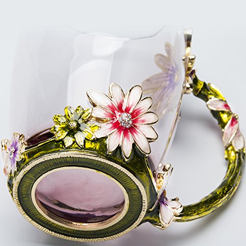 COAWG Taza Grande de Vidrio Esmaltado, Crisantemo Cristales de Cristal Claro Tazas de Té y Café con Mango de Flores Regalo para Profesor Amigo Cumpleaños Navidad San Valentín 350 ml - 1Pc