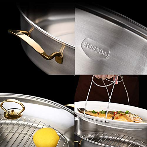 Cocción Al Vapor Pescado, Olla Sartén Acero Inoxidable Oval, Universal Para Cocina De Inducción, Estufa Multifuncional Alta Calidad 38cm Regalo De Cocina