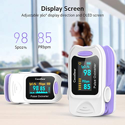 CocoBear Pulsioxímetro,Pulsioximetro de Dedo,Lectura Instantánea oxímetro, Medición de la saturación de oxígeno, Ajuste silencioso, Alarma, 4 direcciones de rotación(Morado)