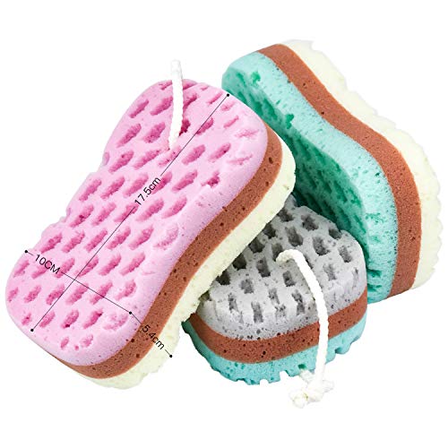 Cococity - Esponja suave para el baño, 3 unidades, suave y calmante, para el cuerpo, de fibra natural, exfoliante, para mujeres, hombres, niños (forma ovalada)