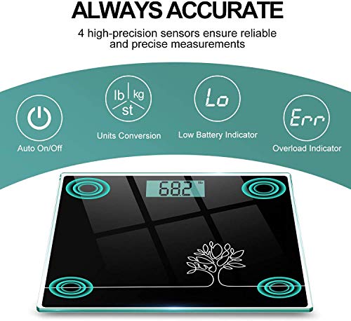 Cocoda Bascula de Baño, Vasculas de Peso Digital con Unidades st/lb/kg, Tecnología Step-On, Alta Precisión 0.1kg/0.2lb, Vidrio Templado Resistente de 6mm, 150kg/330lb/24st (Negro Elegante)
