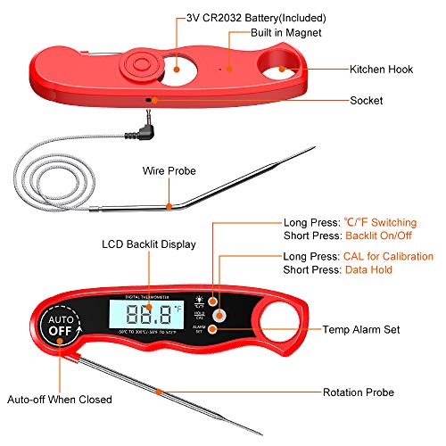 Cocoda Termometro Cocina, Termometro Horno de Lectura Instantánea con Sonda Doble y Cable Largo, Termómetro Digital Cocina con Alarma y Retroiluminación LCD para Barbacoa, Parrilla, Horno, Petróleo