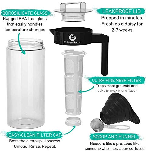 Coffee Gator Cafetera de Émbolo para Preparar Café en Frío Máquina Manual Cold-Brew para Conseguir un Café de Filtro Intenso y Aromático — Incluye Cuchara de Medición y Embudo