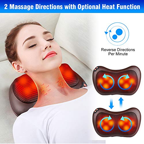Cojín Masajeador Almohada de Masaje para Cuello, Espalda y Pierna, Shiatsu Bidireccional 8 Rodillos de Calentamiento por Infrarrojos, 3 Velocidades Ajustables para Casa Oficina y Coche