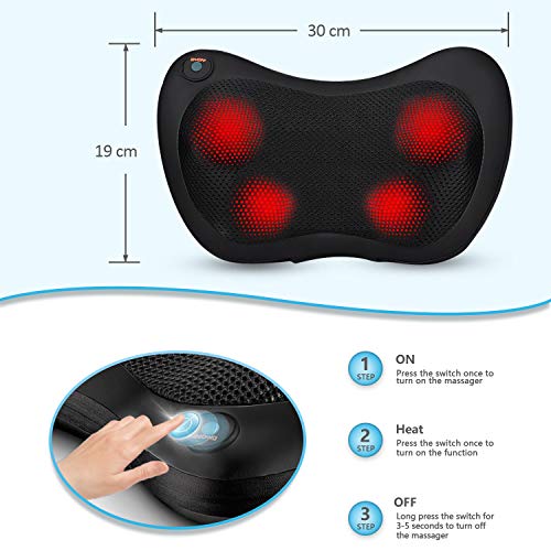 Cojín Masajeador de Cuello y Espalda Portátil, Almohada de Masaje Shiatsu con Calor y Amasamiento del Tejido Profundo, Alivia el Dolor Cervical, Lumbar y de Hombros - para Casa, Coche u Oficina