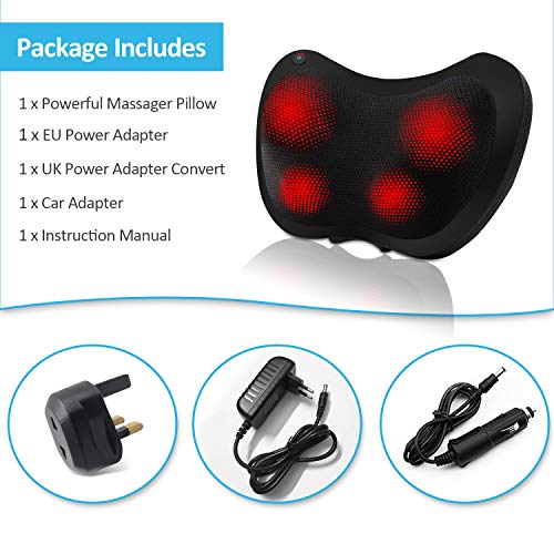 Cojín Masajeador de Cuello y Espalda Portátil, Almohada de Masaje Shiatsu con Calor y Amasamiento del Tejido Profundo, Alivia el Dolor Cervical, Lumbar y de Hombros - para Casa, Coche u Oficina