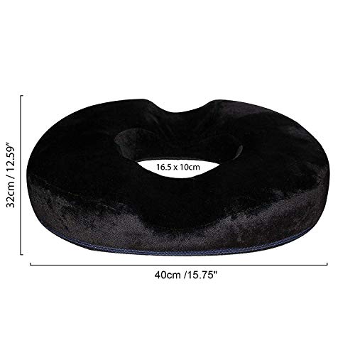 Cojín Redondo Espuma de Memoria -40cm x 32cm Agujero de 16.5cm x10cm Funda Negra Estilo Terciopelo - Cojín Duradera para Viajes, Hemorroides, Embarazo, Dolor en el Coxis - Hogar, Coche u Oficina