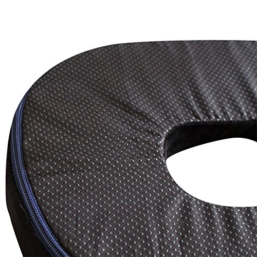 Cojín Redondo Espuma de Memoria -40cm x 32cm Agujero de 16.5cm x10cm Funda Negra Estilo Terciopelo - Cojín Duradera para Viajes, Hemorroides, Embarazo, Dolor en el Coxis - Hogar, Coche u Oficina