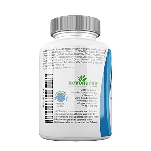 Colageno hidrolizado con magnesio, calcio, vitamina C y D, mas Silicio, protege huesos, articulaciones, piel, uñas y cabello, 180 comprimidos, recuperaciones, deportistas, antoxidante, novonatur.