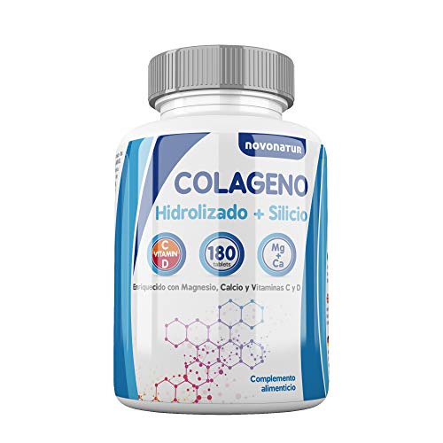 Colageno hidrolizado con magnesio, calcio, vitamina C y D, mas Silicio, protege huesos, articulaciones, piel, uñas y cabello, 180 comprimidos, recuperaciones, deportistas, antoxidante, novonatur.