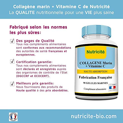 Colágeno marino + Vitamina C - 90 cápsulas-600 MG-Calidad francesa al precio correcto-INCLUÍDO: Instrucciones de uso PDF-Colágeno anti edad natural para una cara y una piel más brillante