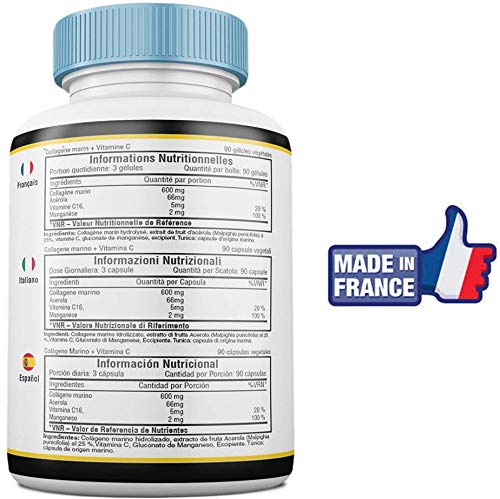 Colágeno marino + Vitamina C - 90 cápsulas-600 MG-Calidad francesa al precio correcto-INCLUÍDO: Instrucciones de uso PDF-Colágeno anti edad natural para una cara y una piel más brillante