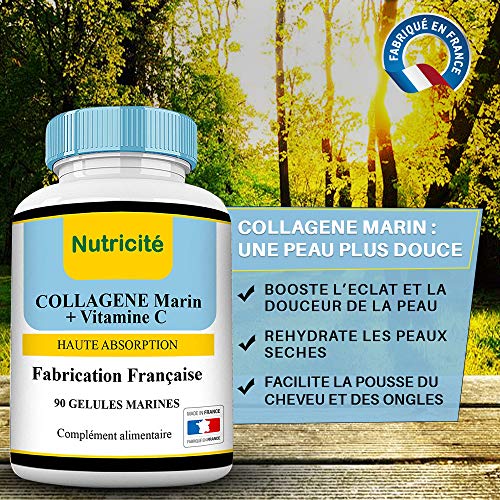 Colágeno marino + Vitamina C - 90 cápsulas-600 MG-Calidad francesa al precio correcto-INCLUÍDO: Instrucciones de uso PDF-Colágeno anti edad natural para una cara y una piel más brillante
