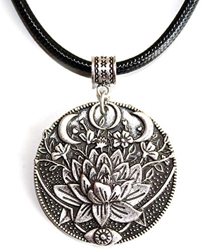 Collar Flor de Loto y Triple Luna - Regalo ideal para mujeres que practican Meditación y Yoga - Simbolismo de la Triple Diosa, el Renacimiento y la Plenitud - Grabado en ambos lados