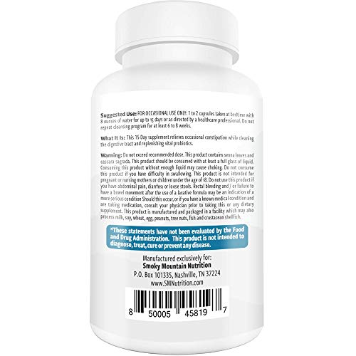 Colon Detox and Cleanse - 15 Day Quick Cleanser - Supports Weight Loss as Diet Pills for Fast Fat Loss and Metabolism Booster - Constipation and Bloating Relief - Smoky Mountain Nutrition