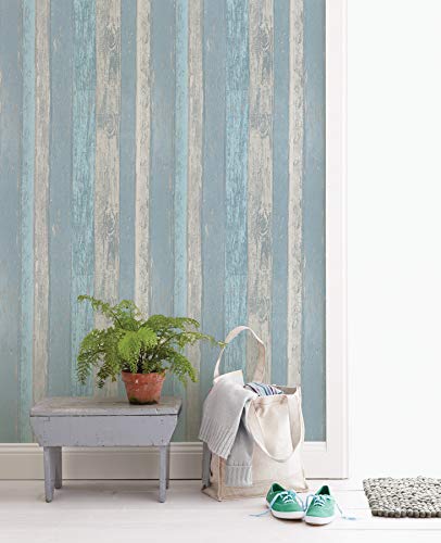 Coloroll Beach Hut Beach Blue M1062 - Papel pintado con purpurina y panel de madera Cla