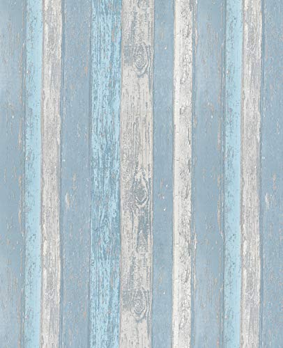 Coloroll Beach Hut Beach Blue M1062 - Papel pintado con purpurina y panel de madera Cla