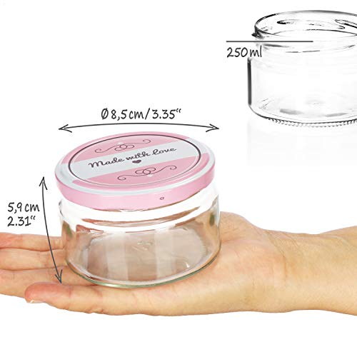 COM-FOUR® 12x tarros de albañil con tapón de rosca"Made with love" en verde y rosa - hasta Ø 82 mm - hasta 250 ml