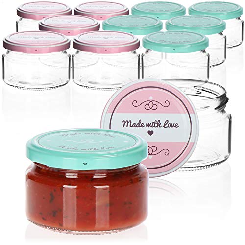 COM-FOUR® 12x tarros de albañil con tapón de rosca"Made with love" en verde y rosa - hasta Ø 82 mm - hasta 250 ml
