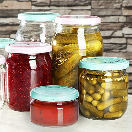 COM-FOUR® 12x tarros de albañil con tapón de rosca"Made with love" en verde y rosa - hasta Ø 82 mm - hasta 250 ml