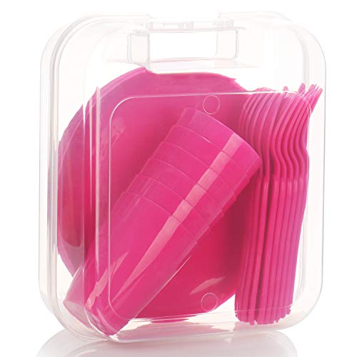 com-four® Conjunto de Picnic de 31 Piezas, Canasta de Picnic y vajilla Reutilizable para 6 Personas, Estuche de Picnic Ideal para Acampar, Acampar, Playa y Viajes de mochilero (Rosado)