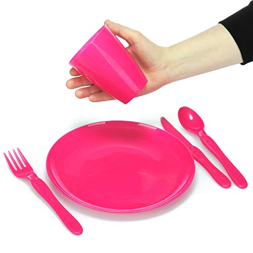 com-four® Conjunto de Picnic de 31 Piezas, Canasta de Picnic y vajilla Reutilizable para 6 Personas, Estuche de Picnic Ideal para Acampar, Acampar, Playa y Viajes de mochilero (Rosado)