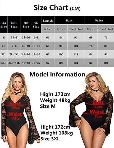 comeondear Body Sexy Mujer Leotardo Cuello en V de Manga Larga de Encaje para Fiesta