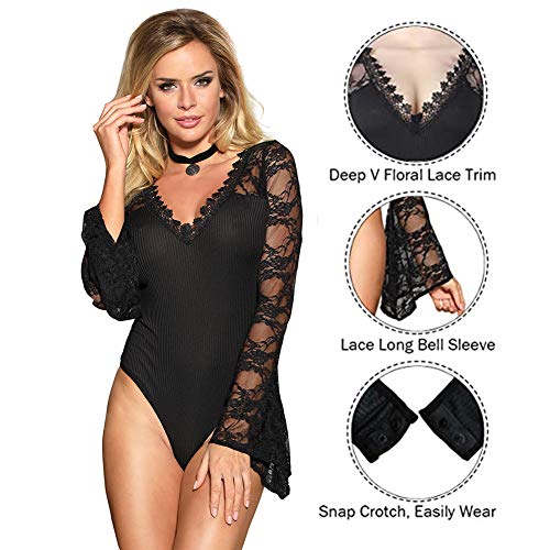 comeondear Body Sexy Mujer Leotardo Cuello en V de Manga Larga de Encaje para Fiesta