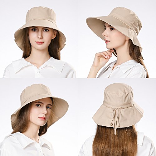 Comhats Mujer Sol Verano Algodón Sombrero De ala Ancha Tapa Abatible UPF 50 + Barbilla Manera Gorro Caqui M