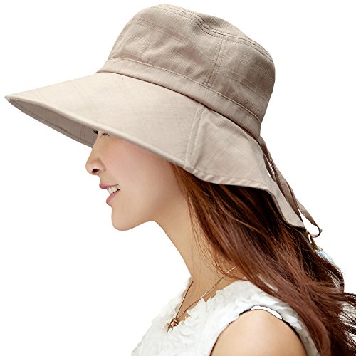 Comhats Mujer Sol Verano Algodón Sombrero De ala Ancha Tapa Abatible UPF 50 + Barbilla Manera Gorro Caqui M