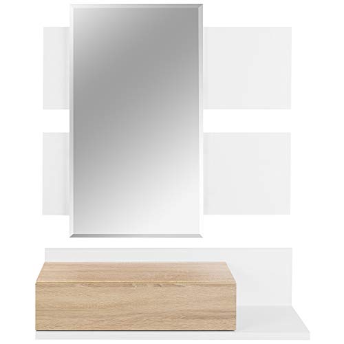 COMIFORT Recibidor Colgante - Mueble de Entrada con Cajón, Espejo y Estante de Estilo Nórdico y Moderno, Muy Resistente y Estable, de Color Blanco y Roble
