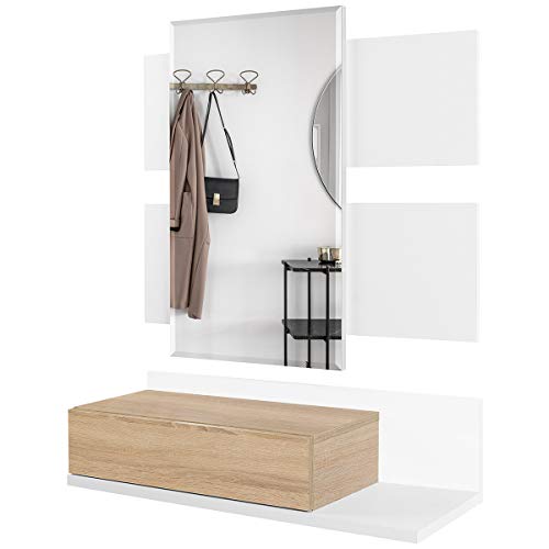 COMIFORT Recibidor Colgante - Mueble de Entrada con Cajón, Espejo y Estante de Estilo Nórdico y Moderno, Muy Resistente y Estable, de Color Blanco y Roble