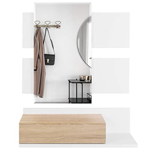 COMIFORT Recibidor Colgante - Mueble de Entrada con Cajón, Espejo y Estante de Estilo Nórdico y Moderno, Muy Resistente y Estable, de Color Blanco y Roble