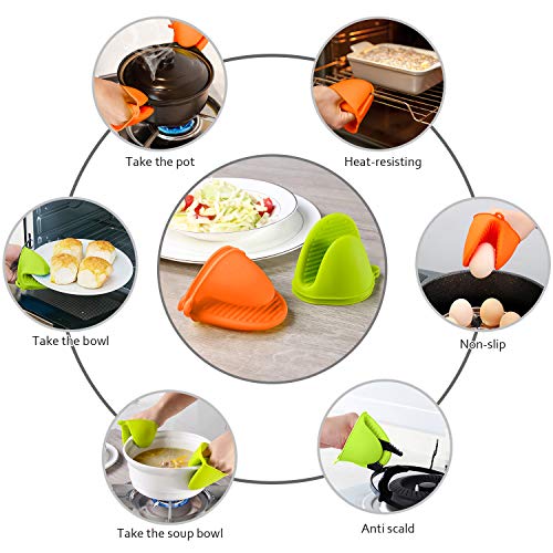 Comius Sharp Mini Guantes de Silicona para Horno, 4 Piezas Multifuncionales Horno Guantes Accesorios, Resistentes al Calor Clip de Mano Antideslizante (Green + Orange)