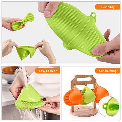 Comius Sharp Mini Guantes de Silicona para Horno, 4 Piezas Multifuncionales Horno Guantes Accesorios, Resistentes al Calor Clip de Mano Antideslizante (Green + Orange)