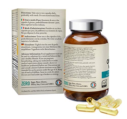 Complemento de Omega 3 vegano de 500mg de Rite-Flex. Aceite de algas marinas. 225mg de EPA/DHA. 30 Licaps® veganos. Alternativa sostenible al aceite de pescad. Fabricado en Francia