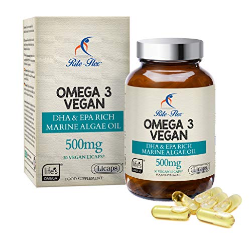 Complemento de Omega 3 vegano de 500mg de Rite-Flex. Aceite de algas marinas. 225mg de EPA/DHA. 30 Licaps® veganos. Alternativa sostenible al aceite de pescad. Fabricado en Francia