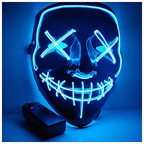CompraFun Máscara LED Halloween, Máscara Disfraz Luminosa Craneo Esqueleto, para Navidad Halloween Cosplay Grimace Festival Fiesta Show, Funciona con Baterías (no Incluidas) (Azul)