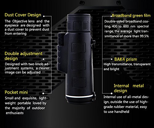 CompraFun Telescopio Monocular 40X60 con Enfoque Dual Zoom Óptico Impermeable Visión Partido Fútbol Pájaros Turismo Caza Senderismo Conciertos Viaje Navegación a Prueba de Nieble Día y Noche