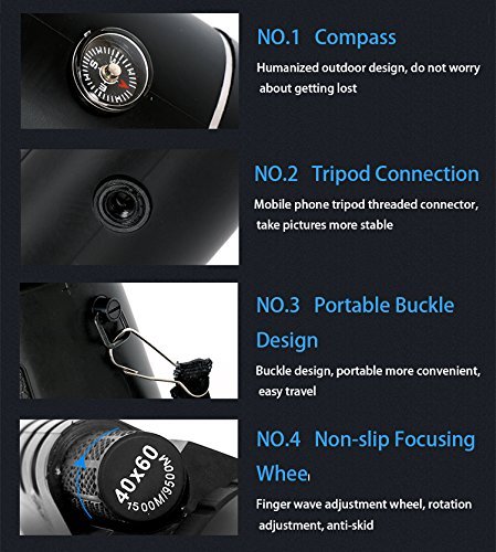 CompraFun Telescopio Monocular 40X60 con Enfoque Dual Zoom Óptico Impermeable Visión Partido Fútbol Pájaros Turismo Caza Senderismo Conciertos Viaje Navegación a Prueba de Nieble Día y Noche